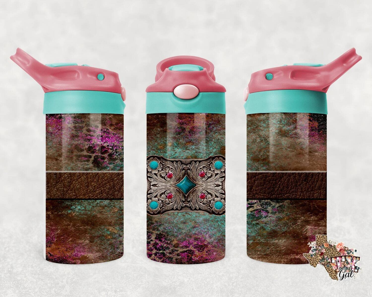 Western Belt Buckle Leopard Pink Glitter 12oz Straight Flip Top Water Bottle Sublimation Design Seamless PNG Instant Digital Download