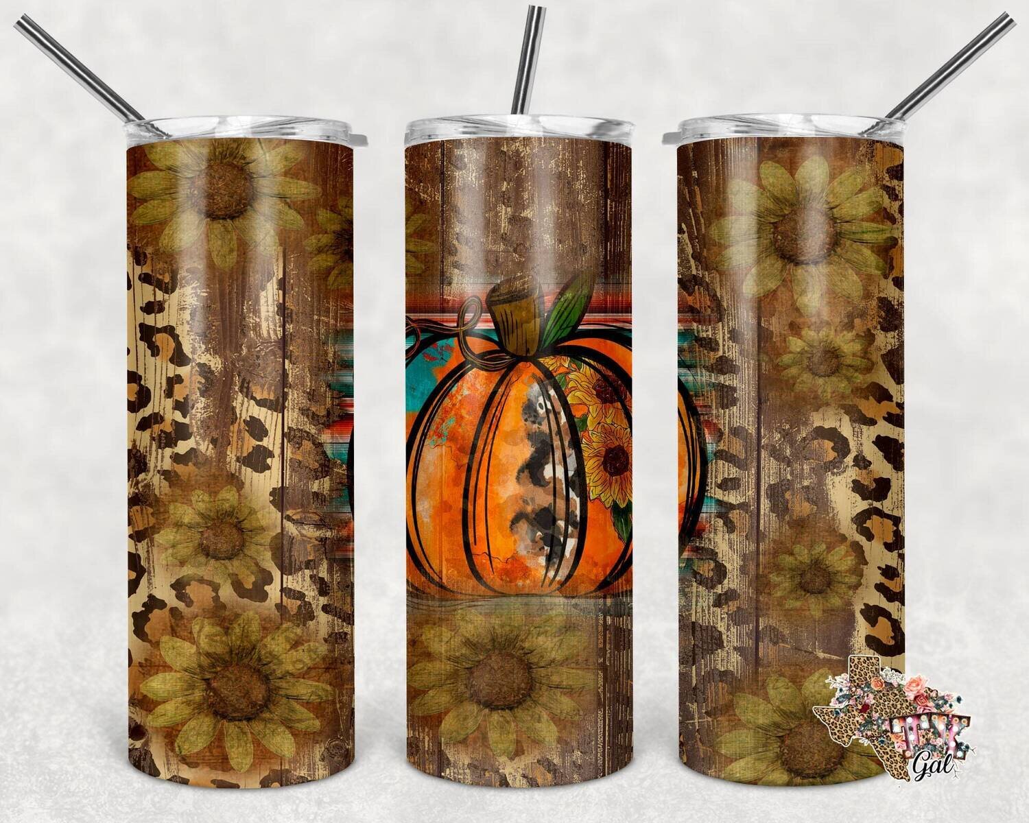 20 oz Skinny Tumbler Pumpkin Leopard Sunflowers Fall Sublimation Design PNG Instant DIGITAL ONLY
