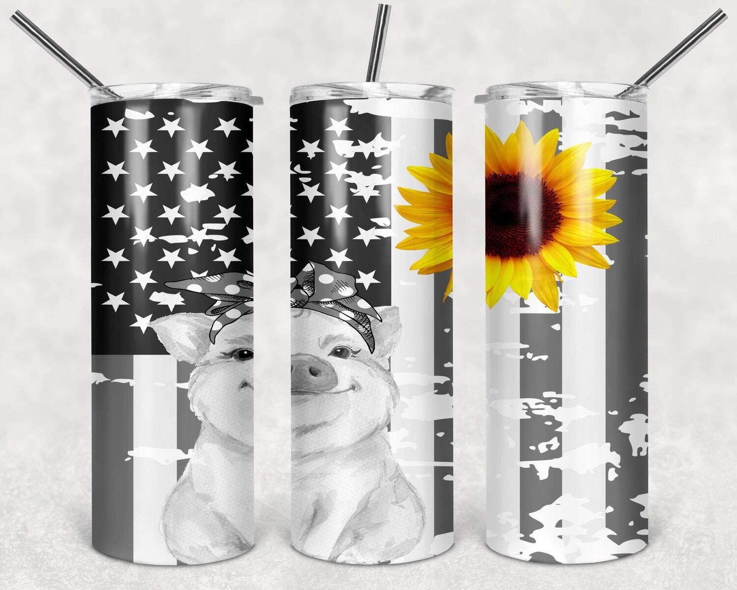 20 oz Skinny Tumbler Pig Flag Sunflower Sublimation Design PNG Instant DIGITAL ONLY