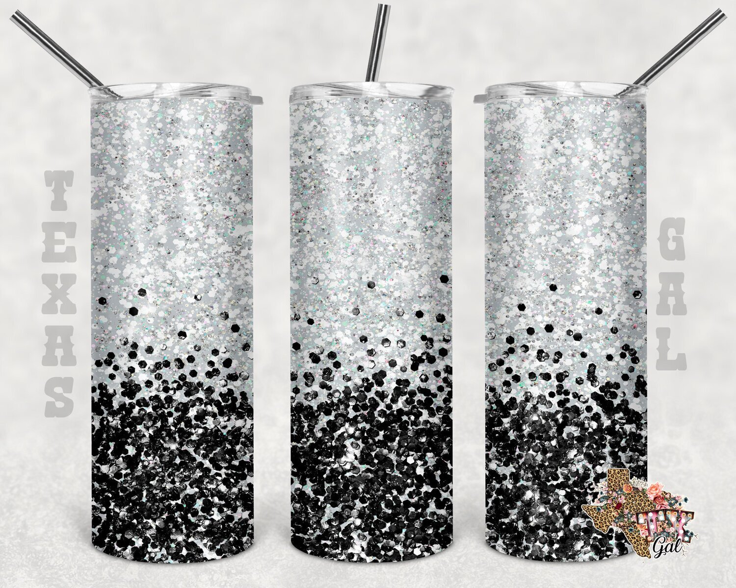 20 oz Skinny Tumbler Black White Glitter Sublimation Design PNG Instant DIGITAL ONLY