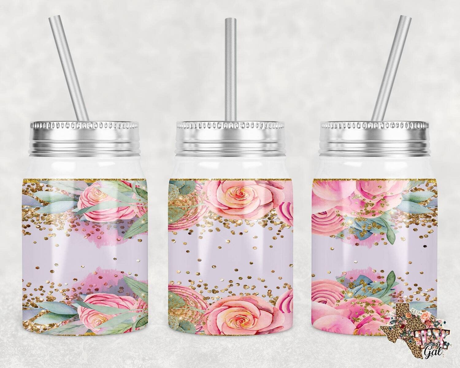 Mason Jar Straight Tumbler Floral Glitter Sublimation Design PNG Instant DIGITAL ONLY