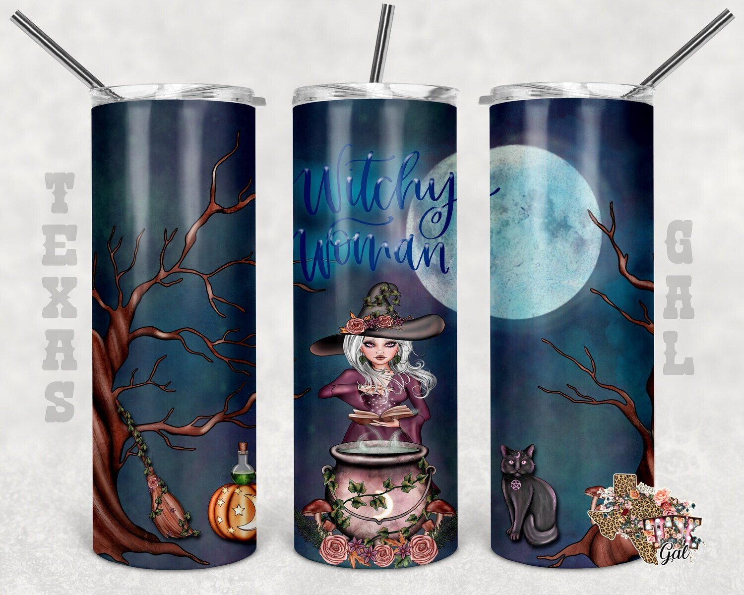 20 oz Skinny Tumbler Halloween Witchy Woman African American and White Sublimation Design PNG Instant DIGITAL ONLY
