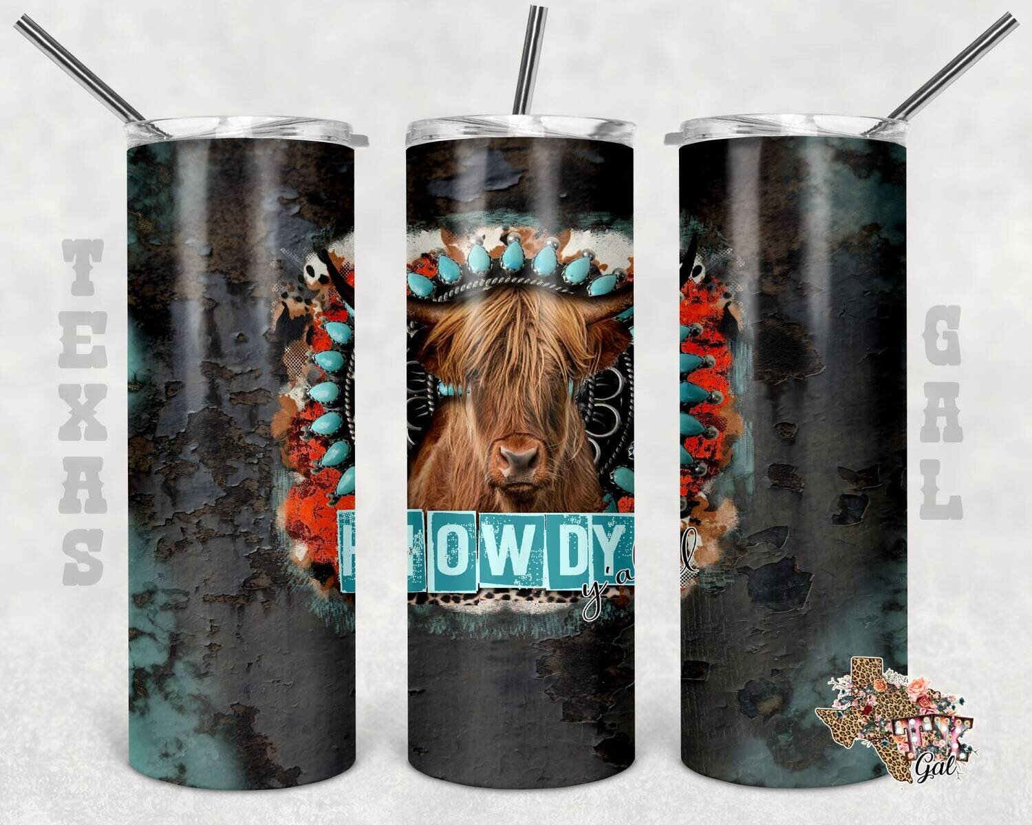 20 oz Skinny Tumbler Highland Cow Howdy Y'all Seamless Sublimation Design PNG Instant DIGITAL ONLY