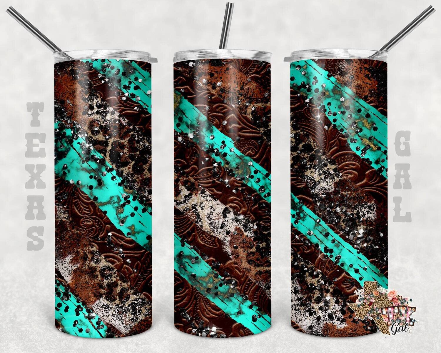20 oz Skinny Tumbler Leather Turquoise Leopard Milky Way Seamless Sublimation Design PNG Instant DIGITAL ONLY