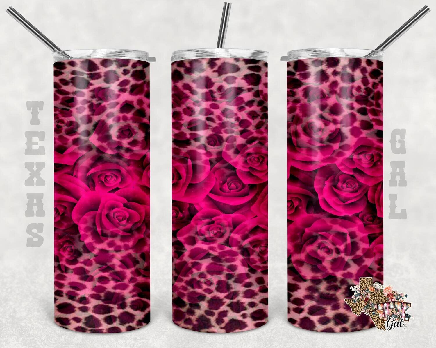 20 oz Skinny Tumbler Leopard Roses Sublimation Design PNG Instant DIGITAL ONLY