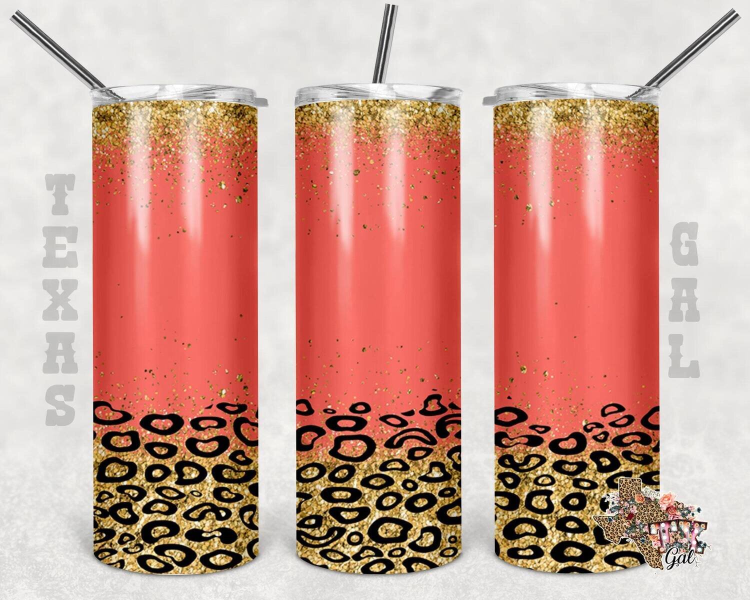 20 oz Skinny Tumbler Coral Leopard Gold Glitter Sublimation Design PNG Instant DIGITAL ONLY