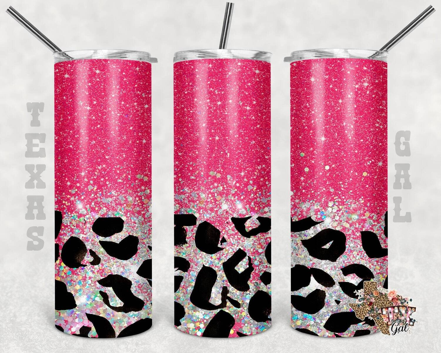 20 oz Skinny Tumbler Pink Glitter Leopard Sublimation Design PNG Instant DIGITAL ONLY
