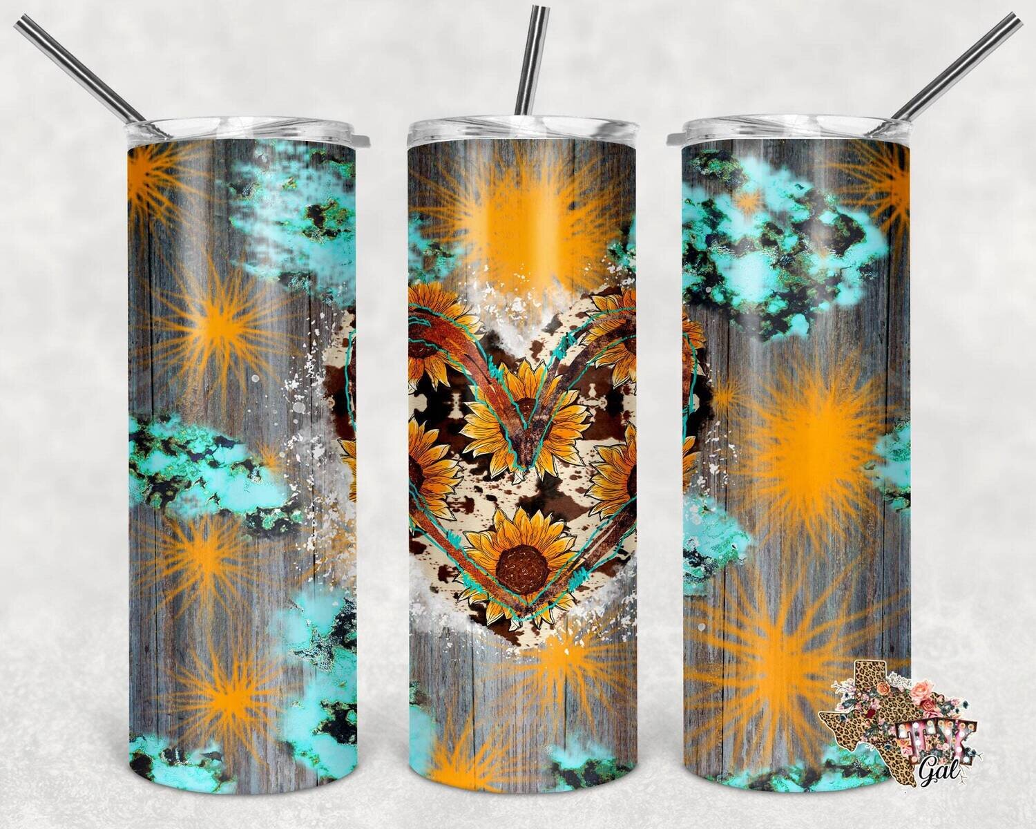 20 oz Skinny Tumbler Sunflower Heart Wood Texture Seamless Sublimation Design PNG Instant DIGITAL ONLY