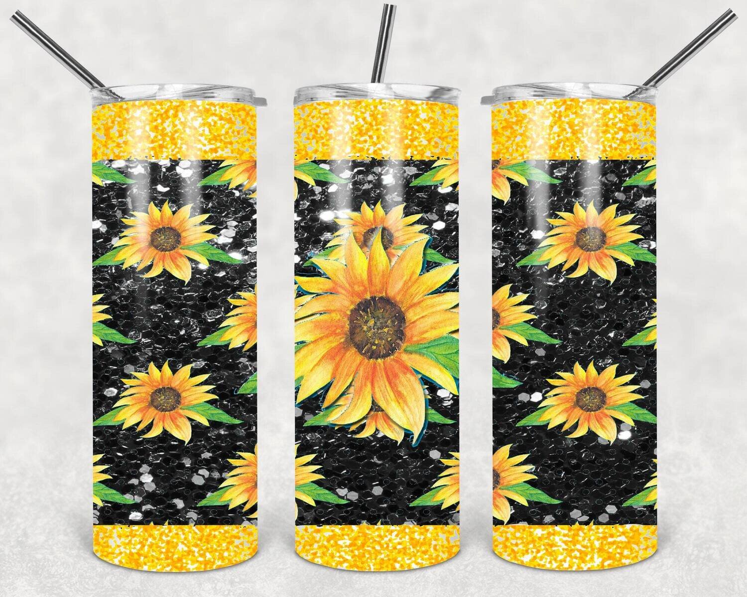 20 oz Skinny Tumbler Sunflower Black Glitter Sublimation Design PNG Instant DIGITAL ONLY