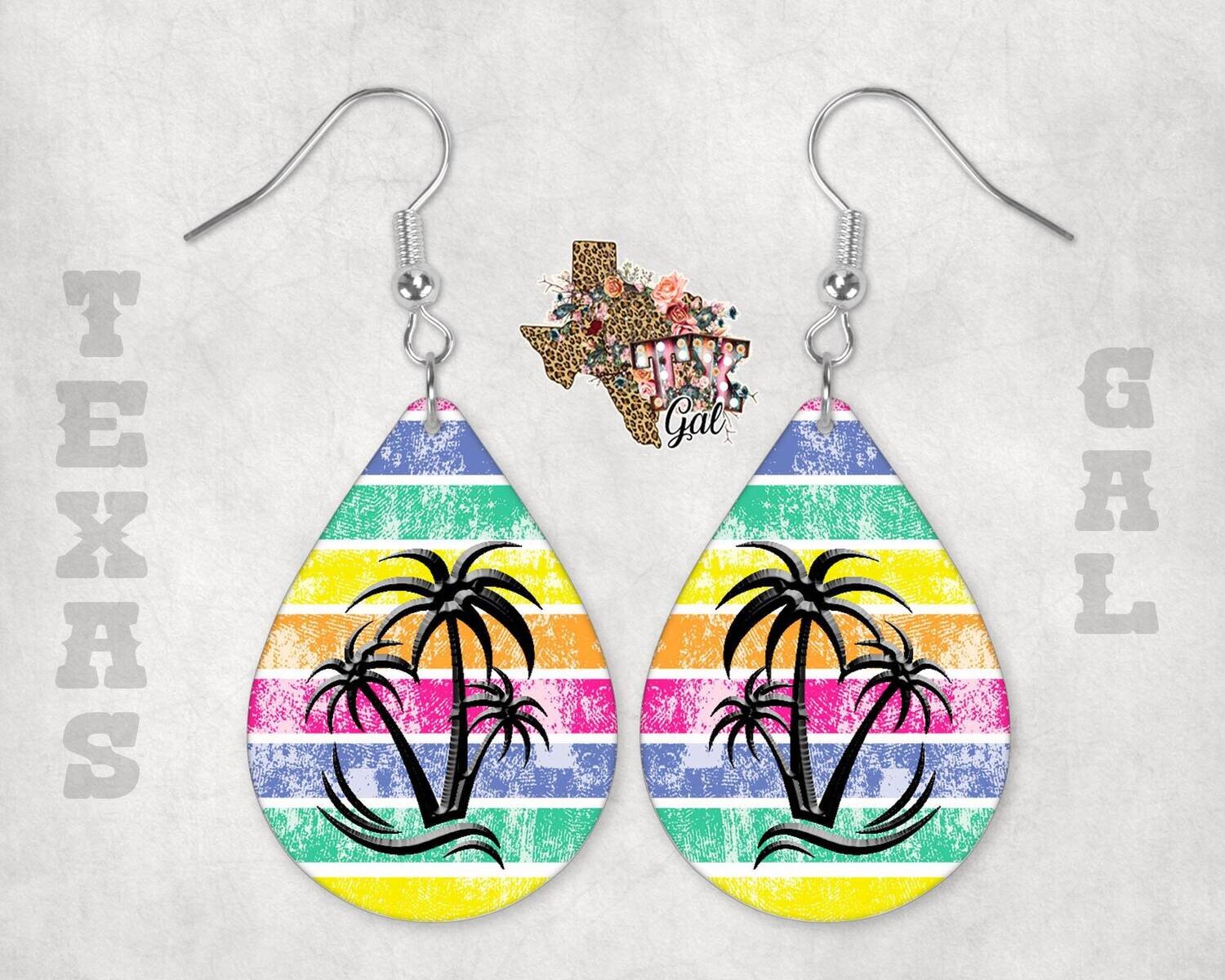 Palm Trees, Destressed, Bright colors, Tear drop earrings, sublimation, digital download, PNG