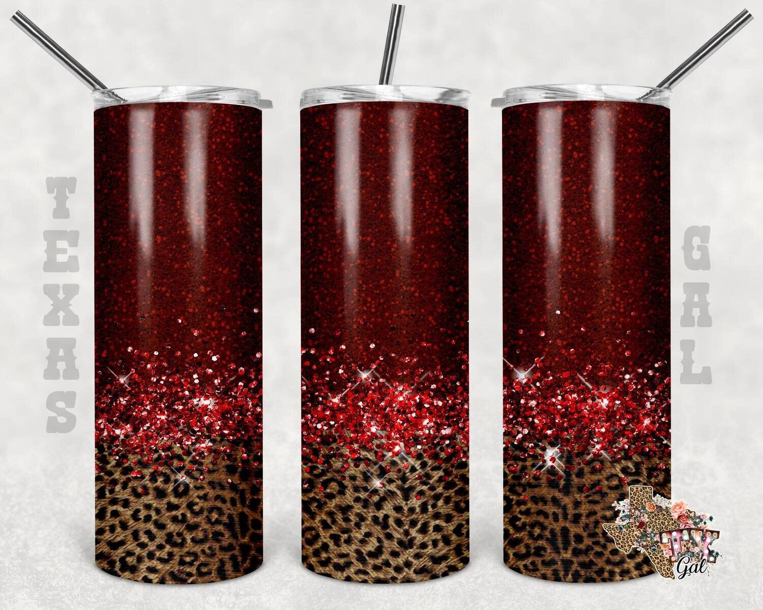 20 oz Skinny Tumbler Red Glitter Leopard Sublimation Design PNG Instant DIGITAL ONLY