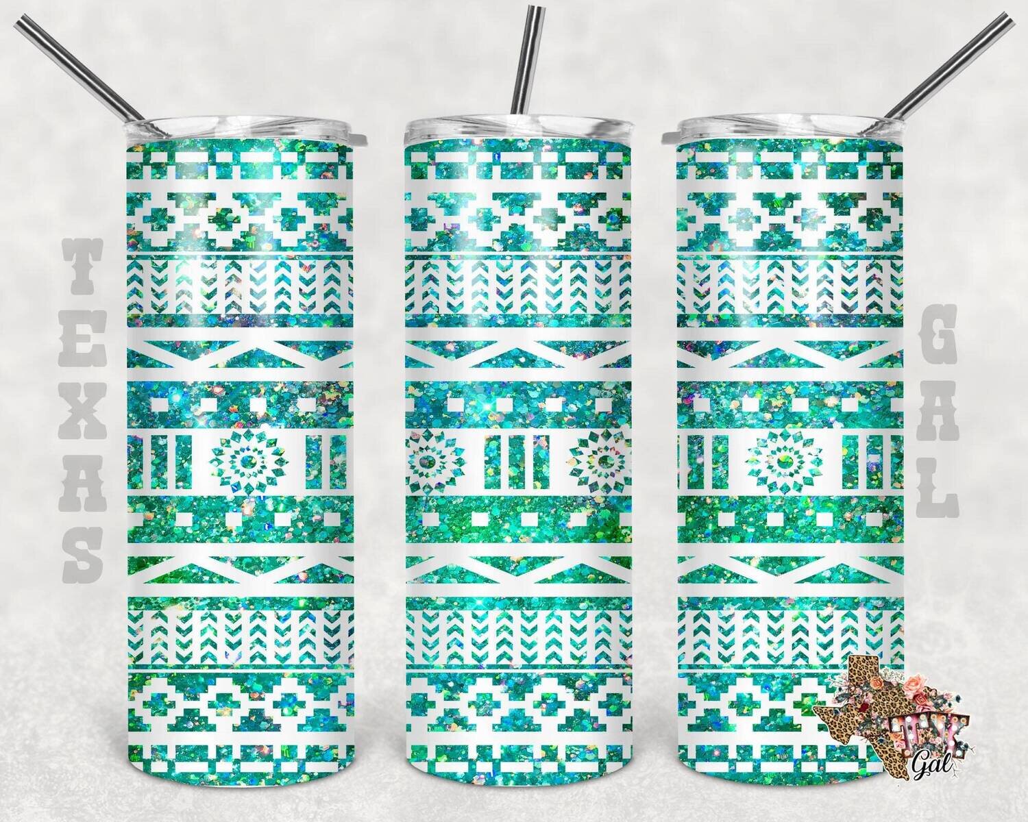 20 oz Skinny Tumbler Aztec Green Glitter Sublimation Design PNG Instant DIGITAL ONLY