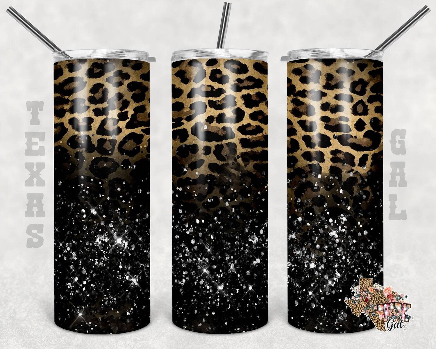 Leopard,  black glitter, Tumbler design, 20 oz skinny tumbler design, tumbler, sublimation, digital download, PNG