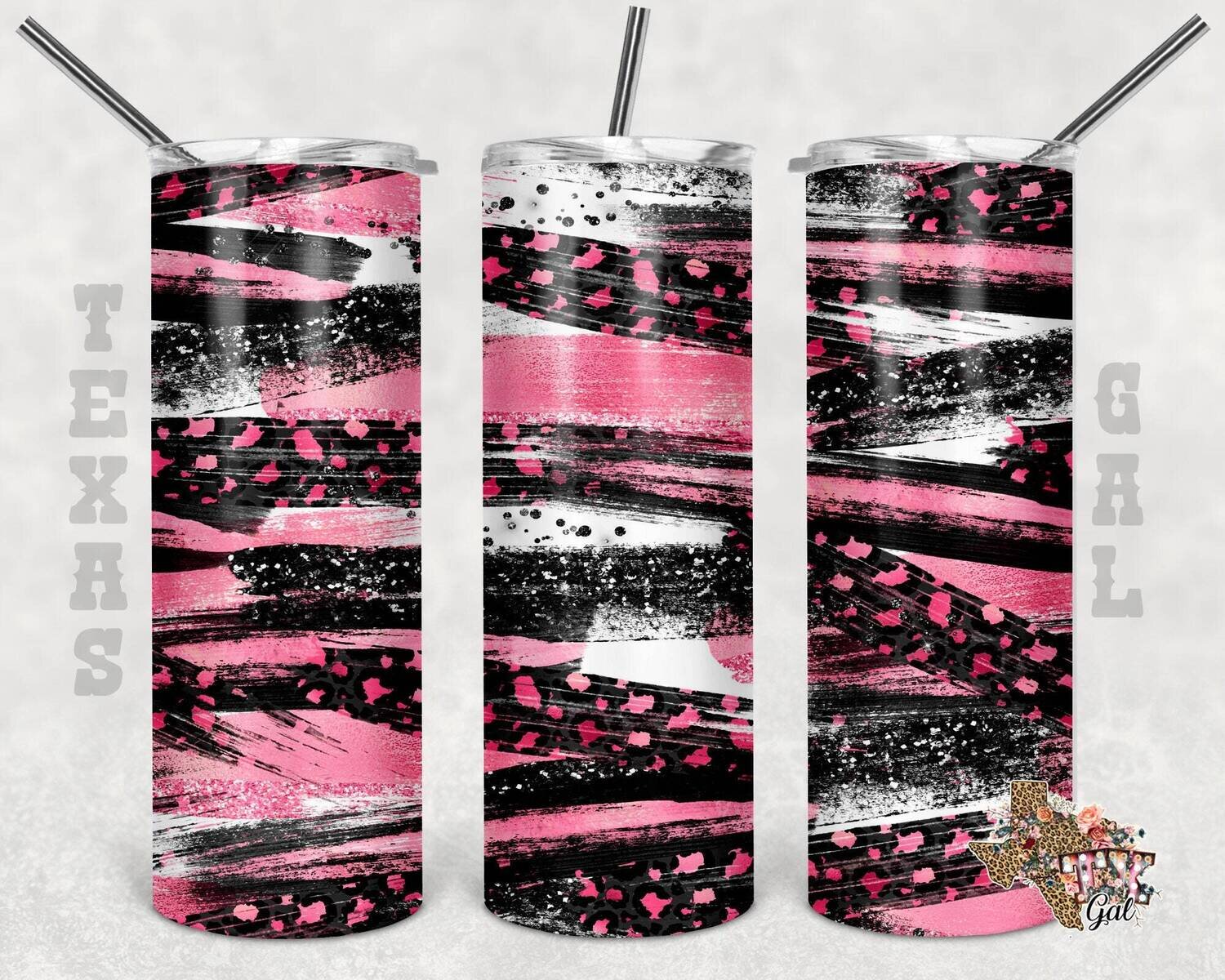 20 oz Skinny Tumbler Pink Black Brush Strokes Sublimation Design PNG Instant DIGITAL ONLY