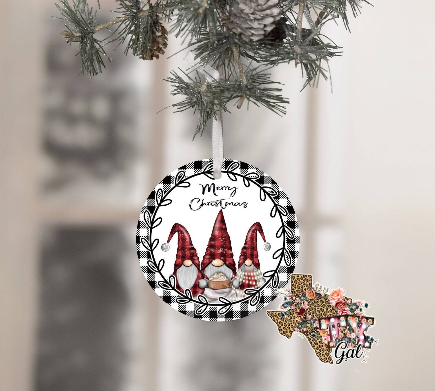 Christmas Ornament Gnome Round Sublimation Design PNG Instant DIGITAL ONLY