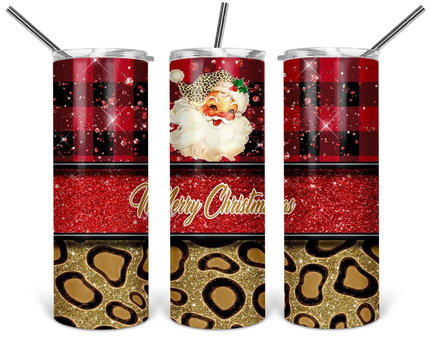20 oz Skinny Tumbler Merry Christmas Santa Leopard Glitter Buffalo Plaid Sublimation Design PNG Instant DIGITAL ONLY