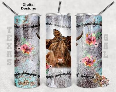 20 oz Skinny Tumbler Highland Cow Wood Turquoise Leopard Floral Seamless Sublimation Design PNG Instant DIGITAL ONLY