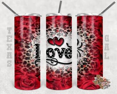20 oz Skinny Tumbler Valentine's Day Love Leopard Roses Sublimation Design PNG Instant DIGITAL ONLY