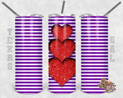 20 oz Skinny Tumbler Valentine's Day Red Glitter Hearts Purple Stripes Sublimation Design PNG Instant DIGITAL ONLY