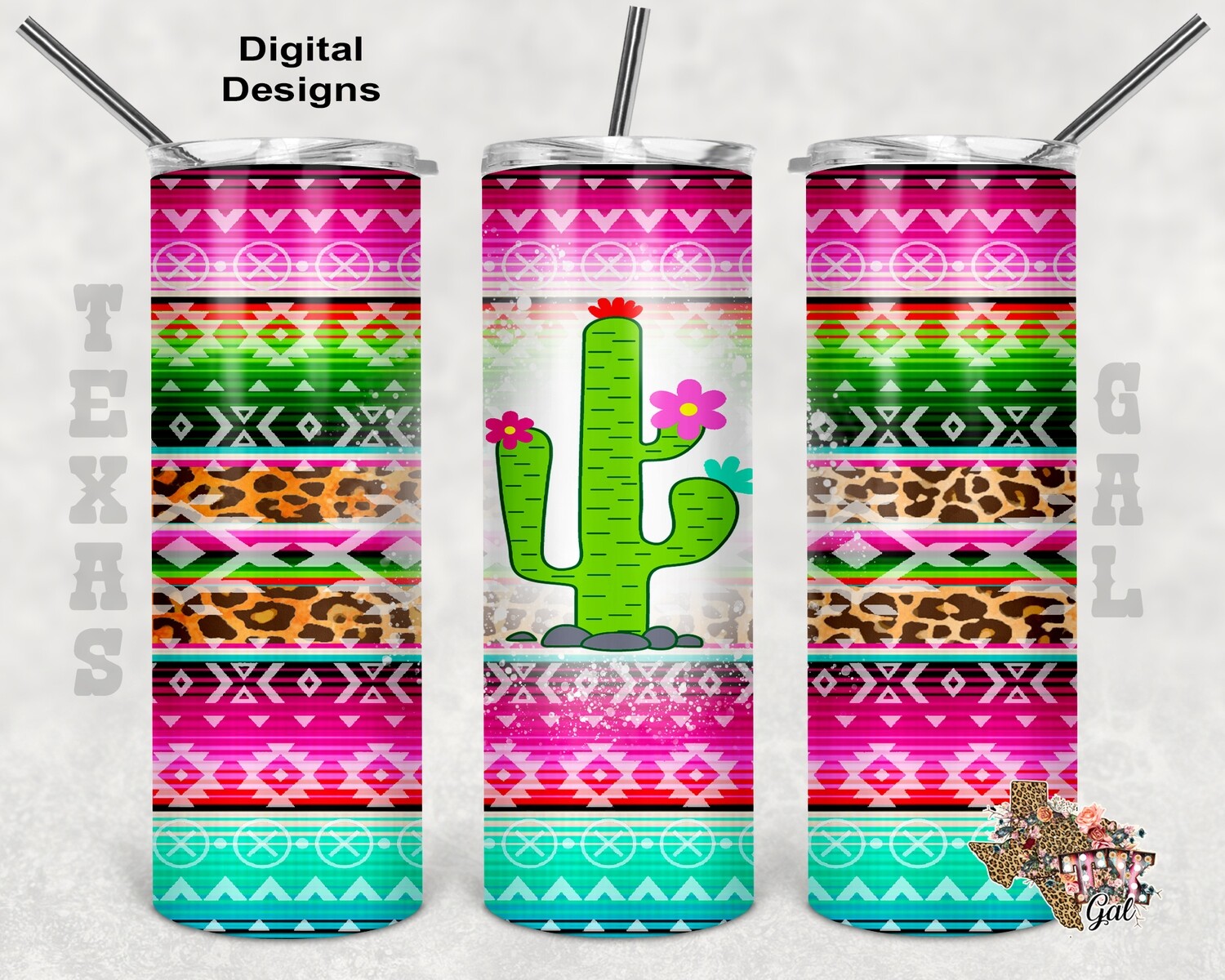 20 oz Skinny Tumbler Cactus Bright Colors Seamless Sublimation Design PNG Instant DIGITAL ONLY