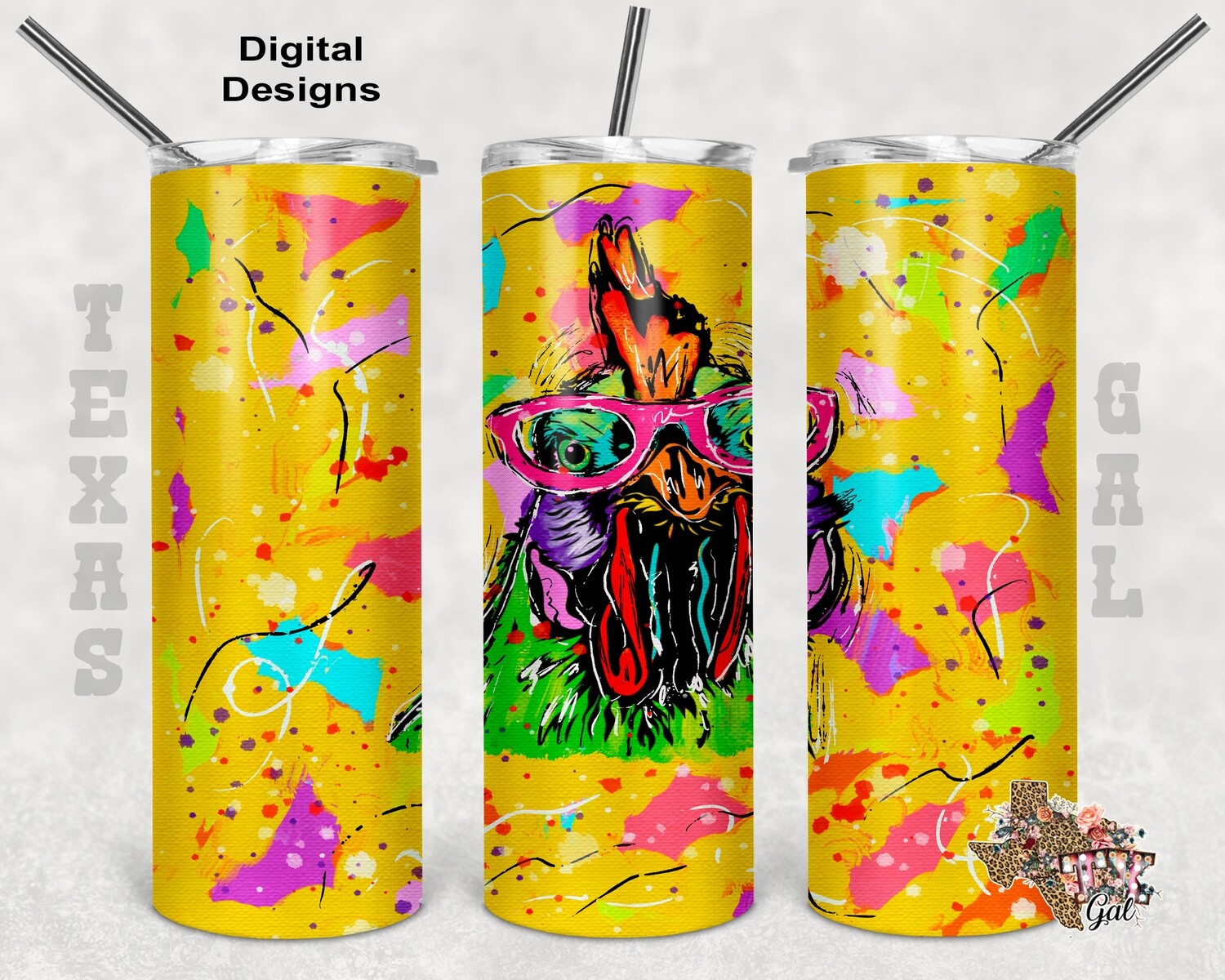20 oz Skinny Tumbler Chicken With Glasses Bright Colors Seamless Sublimation Design PNG Instant DIGITAL ONLY