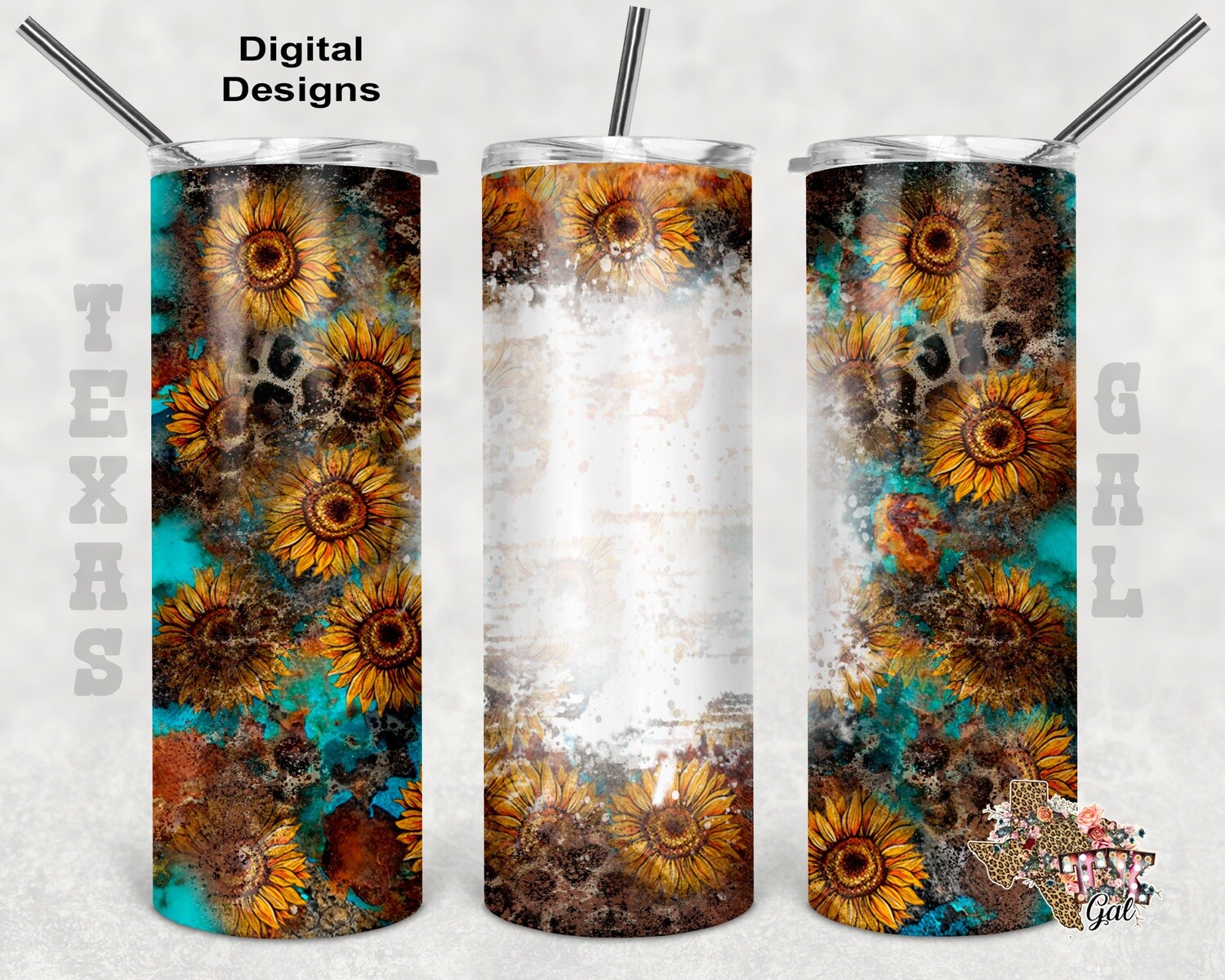 20 oz Skinny Tumbler Sunflower Leopard Turquoise Personalize Sublimation Design PNG Instant DIGITAL ONLY