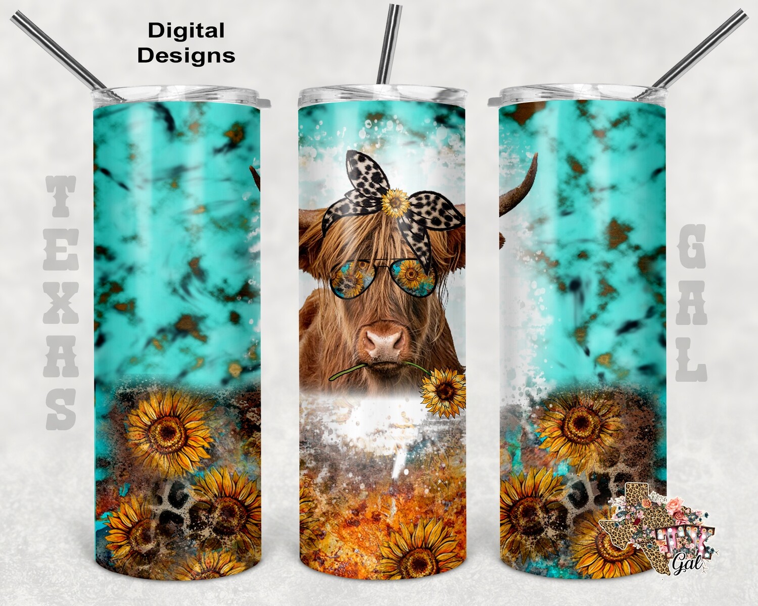20 oz Skinny Tumbler Sunflower Highland Cow Leopard Bow Sunglasses Seamless Sublimation Design PNG Instant DIGITAL ONLY