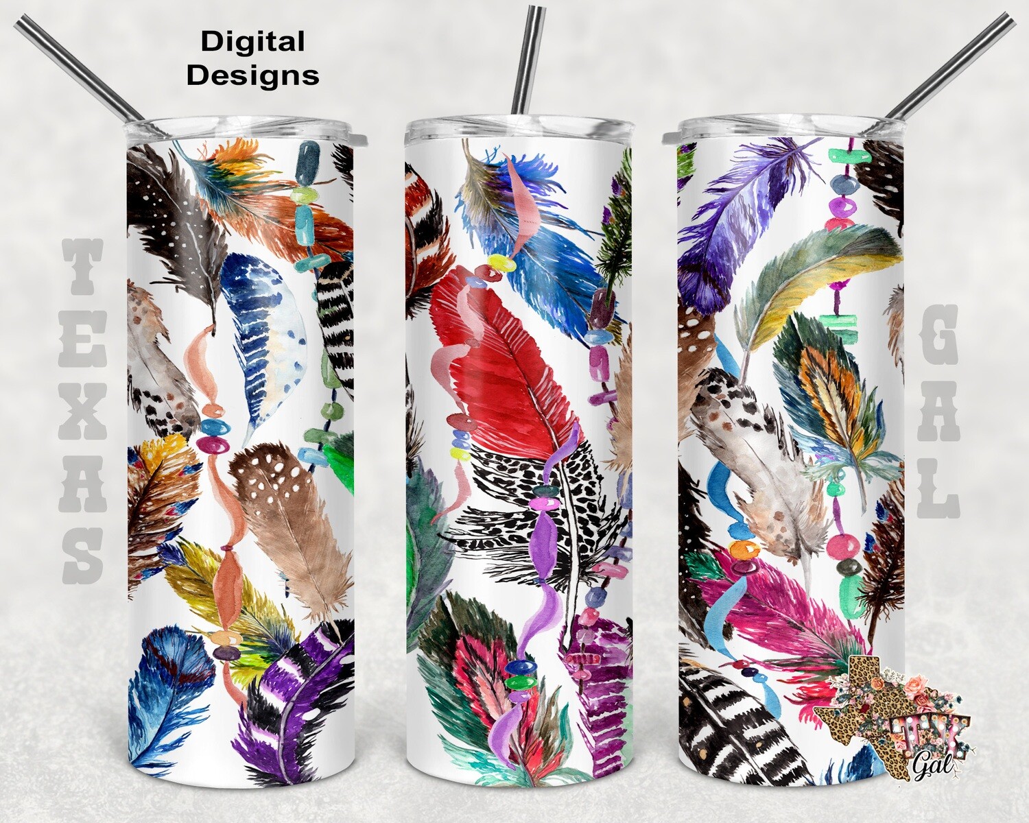 20 oz Skinny Tumbler Feathers Boho Sublimation Design PNG Instant DIGITAL ONLY