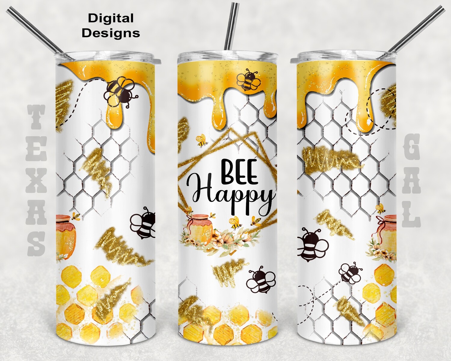 20 oz Skinny Tumbler Bee Happy Glitter Floral Seamless Sublimation Design PNG Instant DIGITAL ONLY