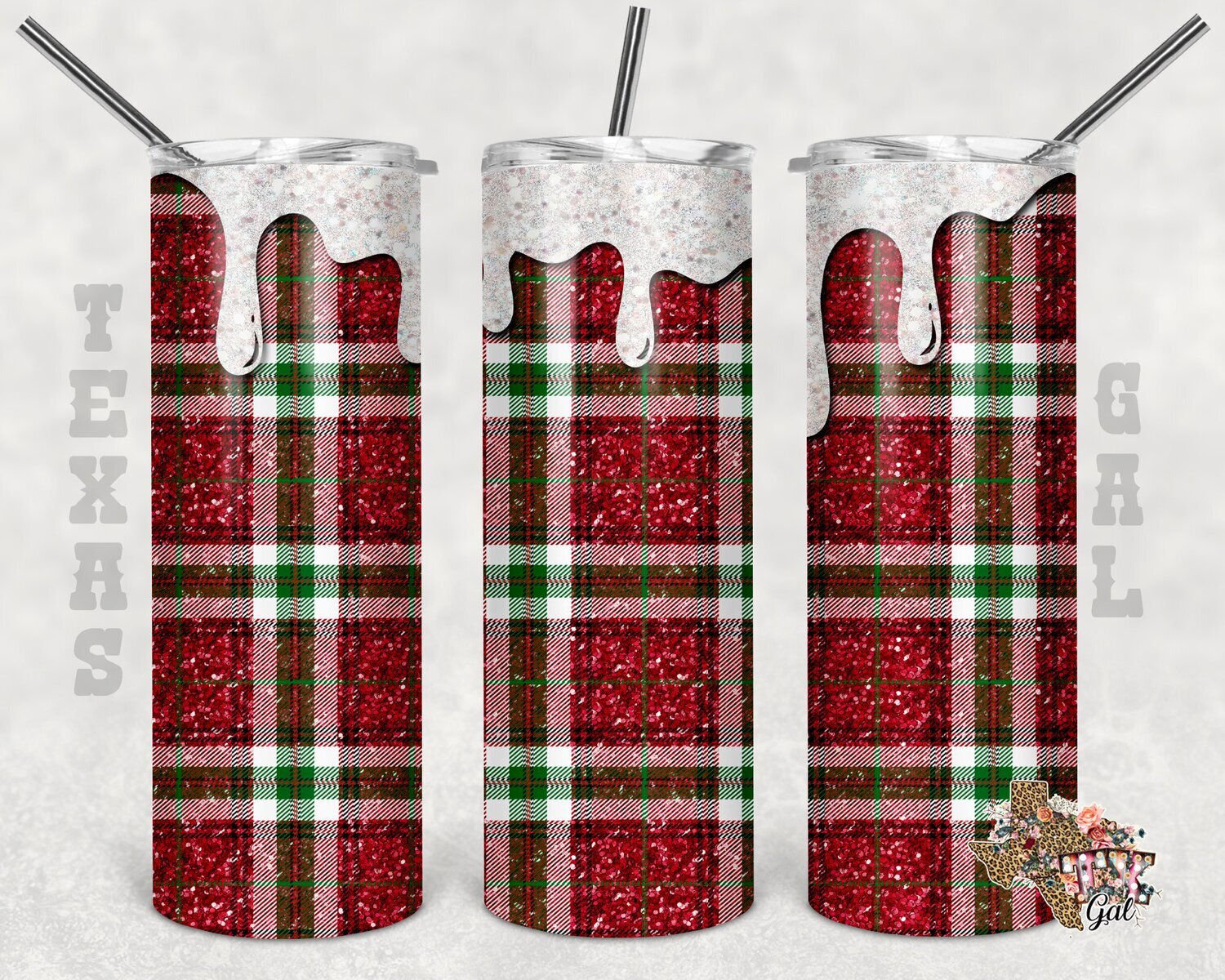 20 oz Skinny Tumbler Christmas Plaid Dripping Glitter Sublimation Design PNG Instant DIGITAL ONLY