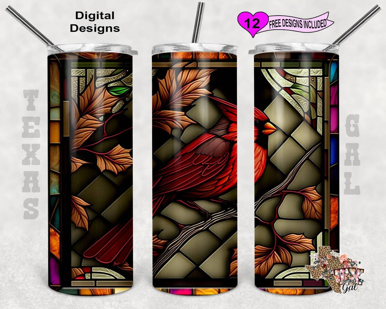 Stain Glass Tumbler Wrap, Cardinal Tumbler Wrap, 20oz Sublimation Tumbler PNG, Digital Download, Seamless Design