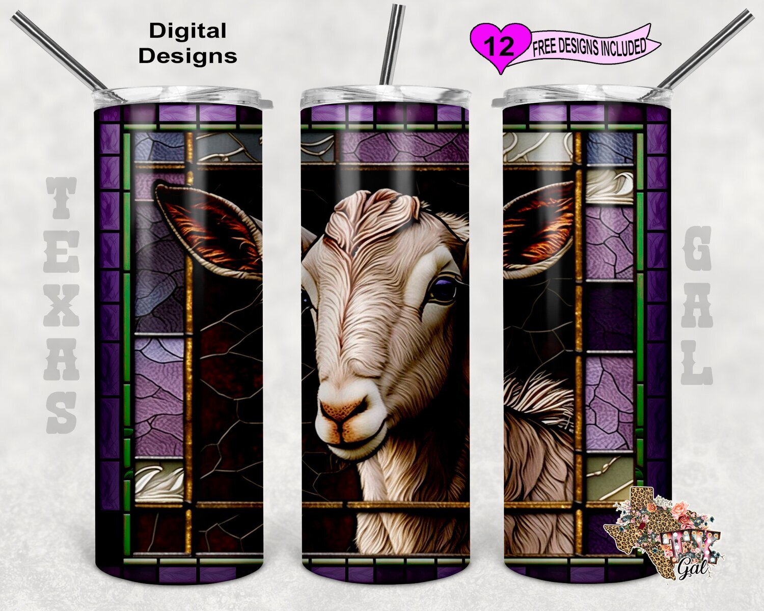 Stain Glass Tumbler Wrap, Goat Sublimation Design, 20oz Sublimation Tumbler Wrap, Digital Download
