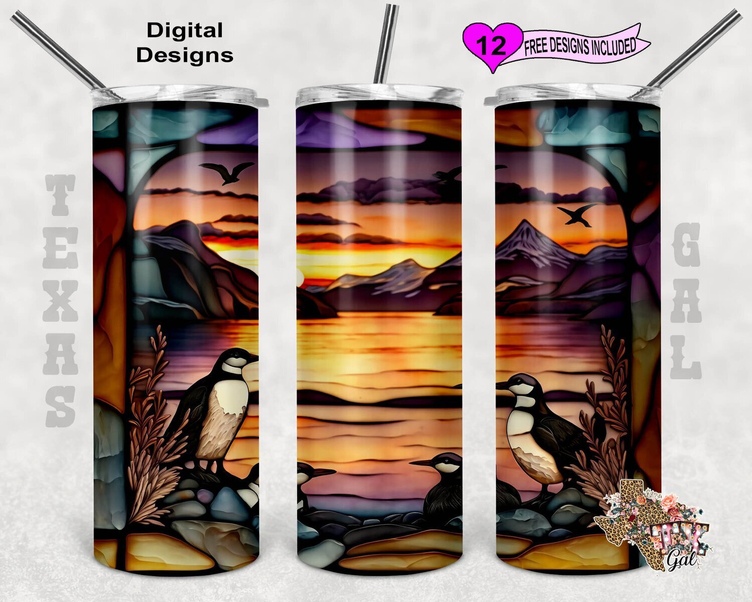 Stain Glass Tumbler Wrap, Penguin Tumbler Wrap, Floral Tumbler Wrap, 20oz Sublimation Tumbler Wrap, Digital Download