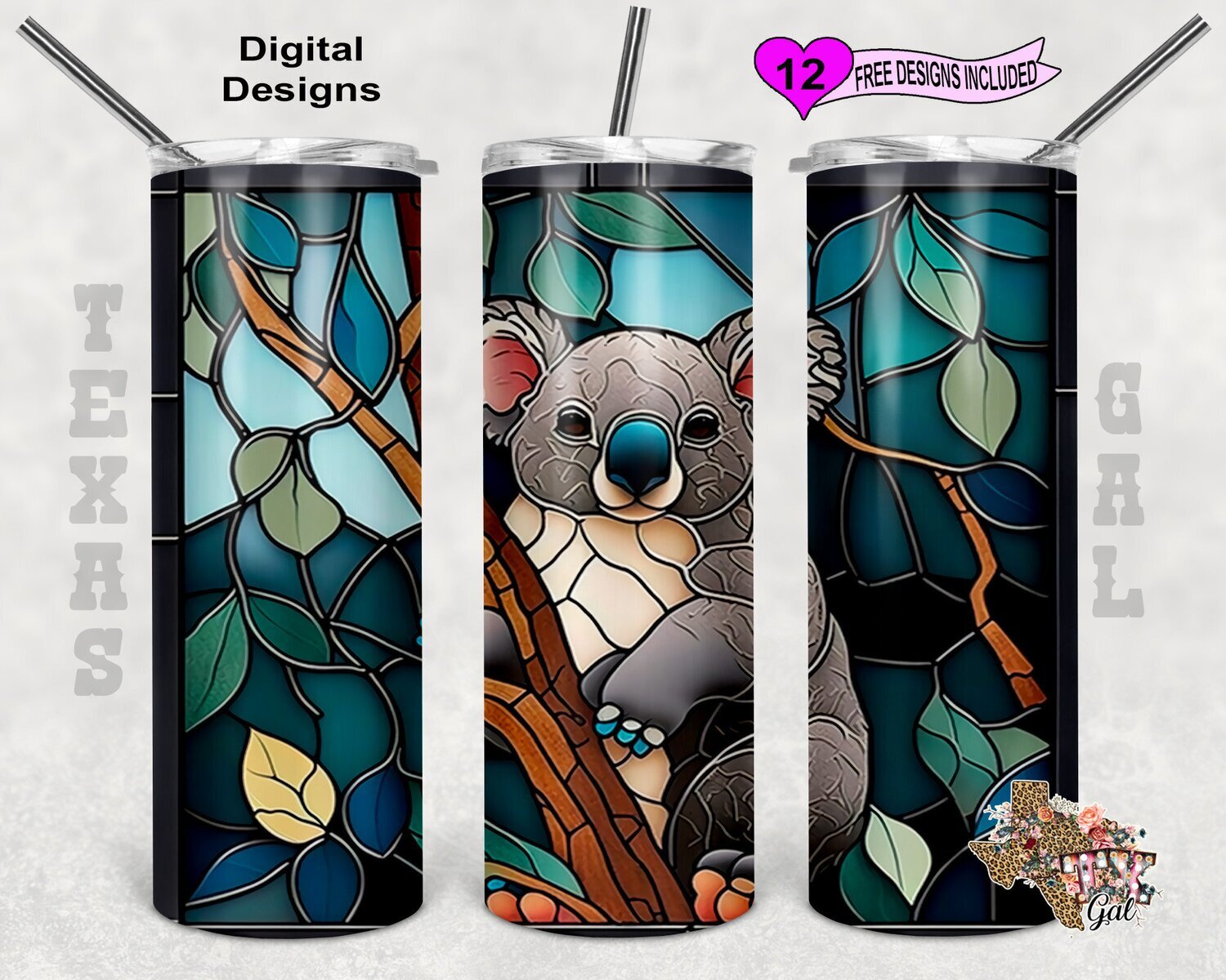 Stain Glass Tumbler Wrap, Koala Bear Tumbler Wrap, 20oz Sublimation Tumbler Wrap, Digital Download