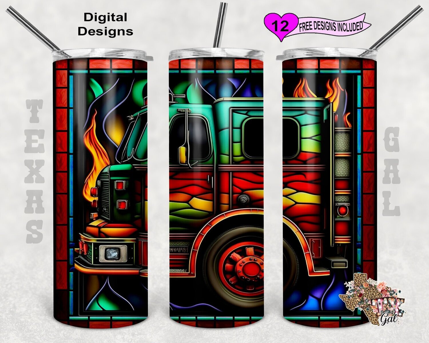 Stain Glass Tumbler Wrap, Fire Truck Tumbler Wrap, 20oz Sublimation Tumbler PNG, Digital Download, Seamless Design