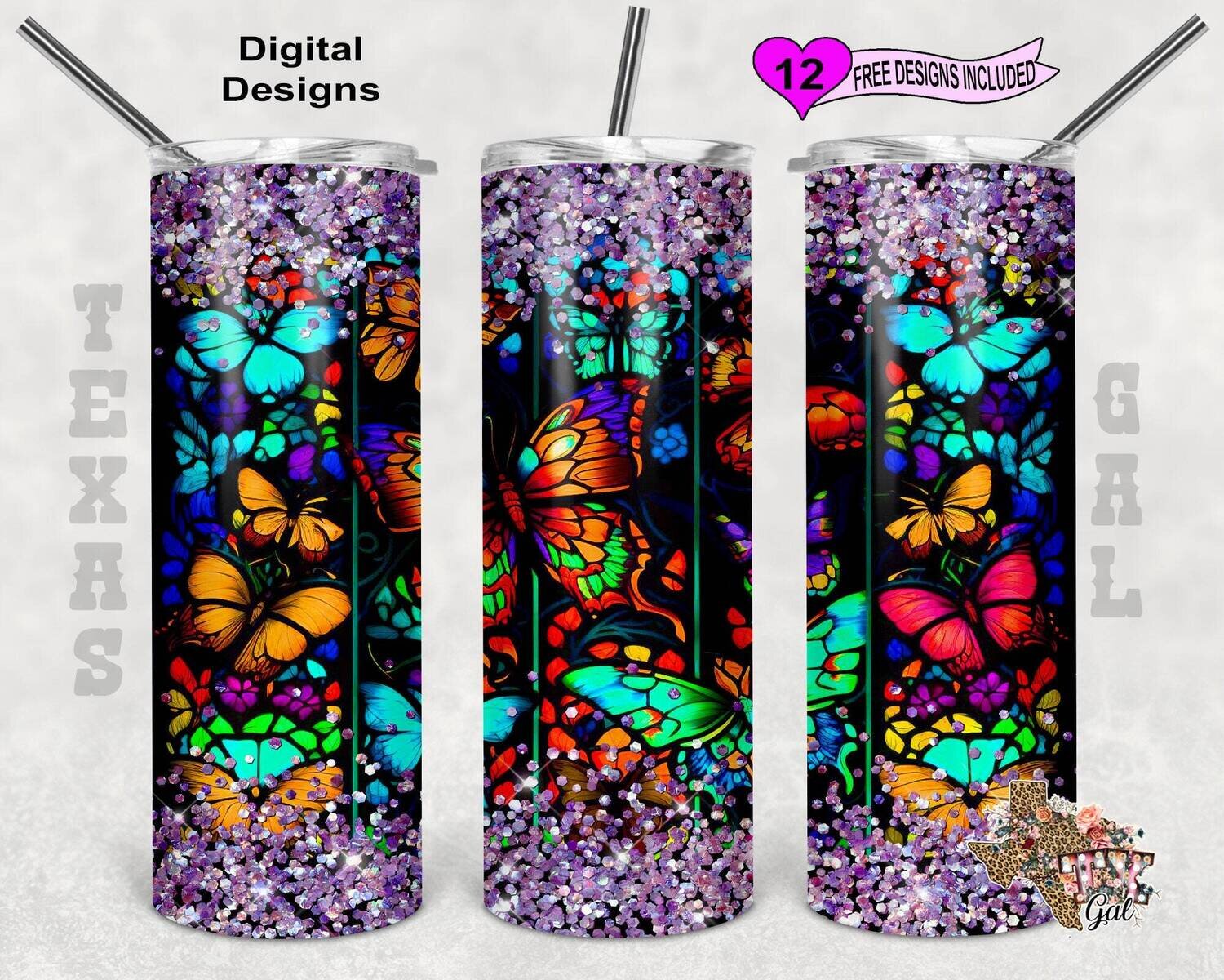 Stain Glass Tumbler Wrap, Butterflies Tumbler PNG, 20oz Sublimation Tumbler Wrap, Digital Download, Seamless Design