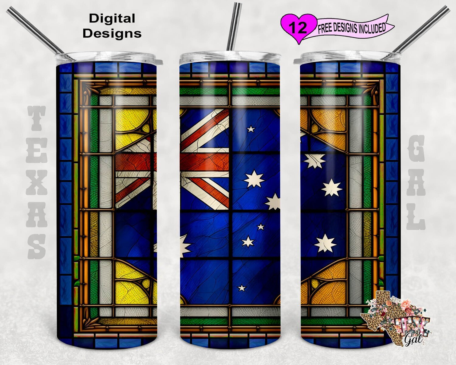 Stain Glass Tumbler Wrap, Australia Flag Stain Glass, 20oz Sublimation Tumbler PNG, Digital Download