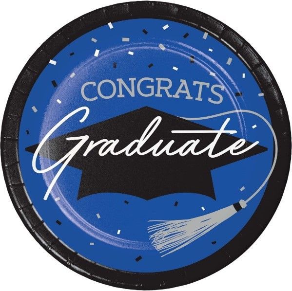 School Spirit Congrats Graduate Plates and Napkins, Lunch Plates (9") 18 Ct.: Cobalt Blue