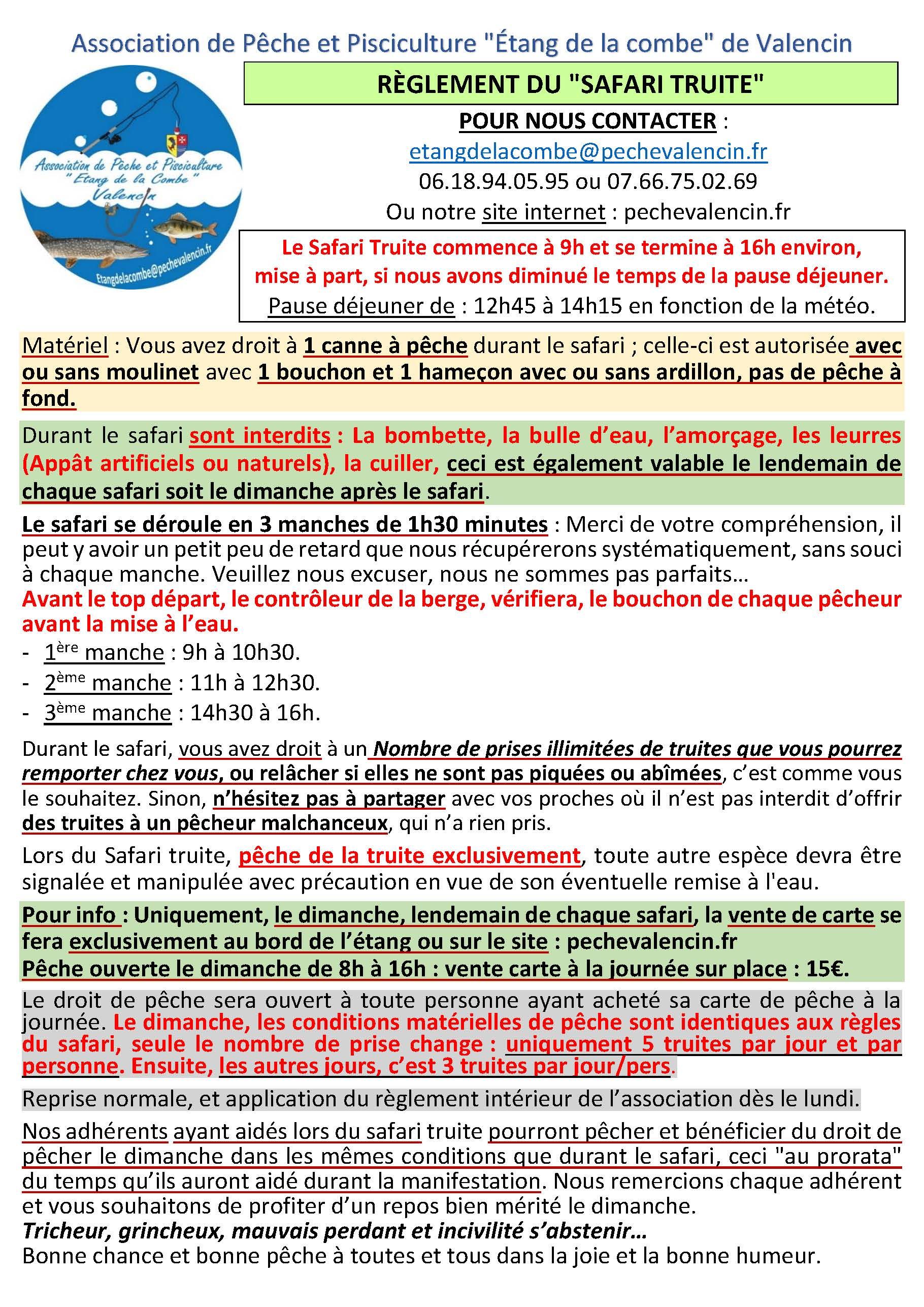 Inscription Place - SAFARI TRUITE - Samedi 11 Avril 2026 - inclus 1€ caution emplacement.