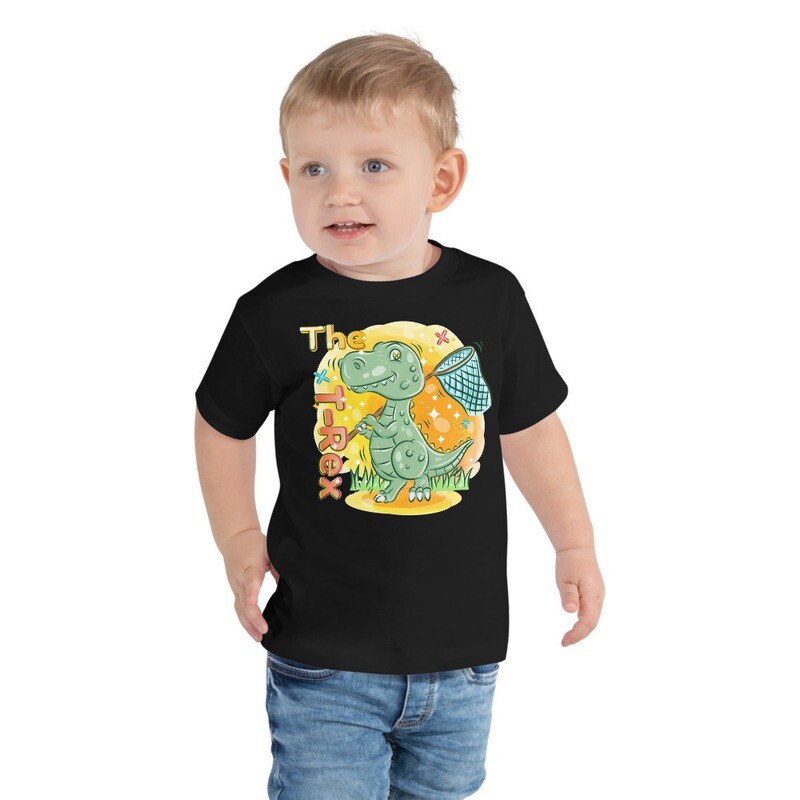 Cute T-Rex Holds a Butterfly Net in the Garden Kids T-Shirt, Toddler Short Sleeve Tee