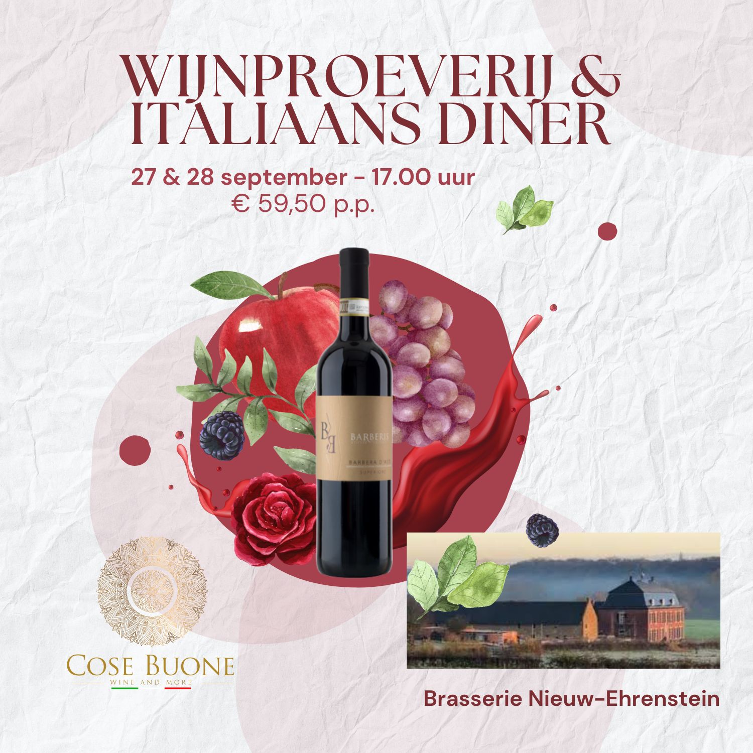 Unieke Italiaanse avond - proeverij & diner 28 september