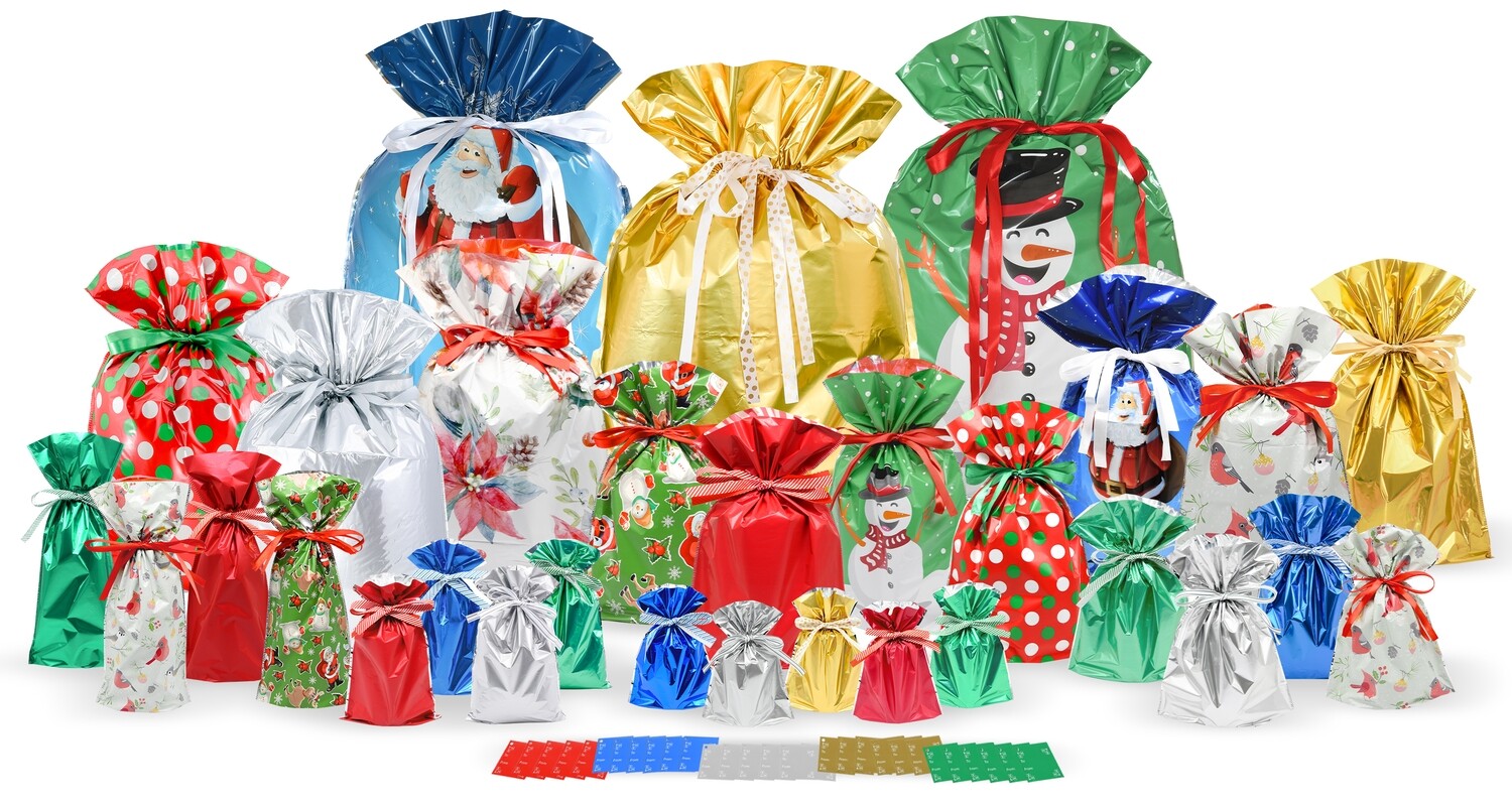 60pc Christmas Drawstring Gift Bags Set (30 Gift Bags and 30 Gift Tags)