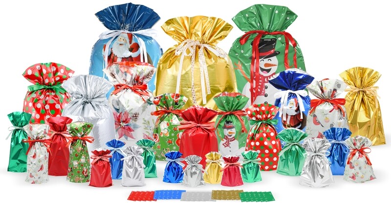 60pc Christmas Drawstring Gift Bags Set (30 Gift Bags and 30 Gift Tags)