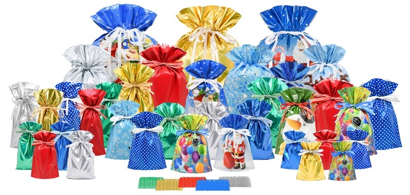 72pc Christmas Drawstring Gift Bags Set (36 Gift Bags and 36 Gift Tags)