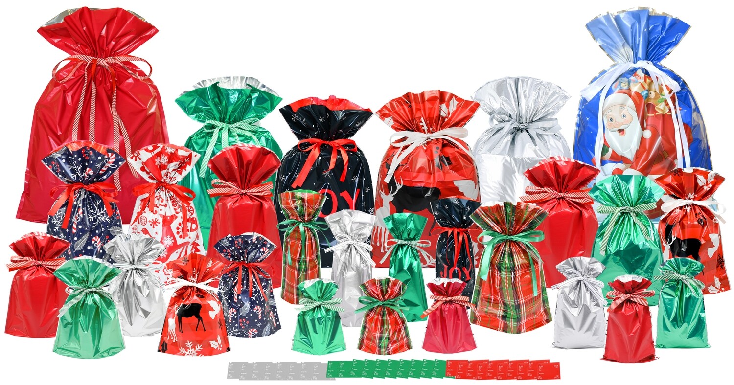 56pc Christmas Drawstring Gift Bags Set (28 Gift Bags and 28 Gift Tags)