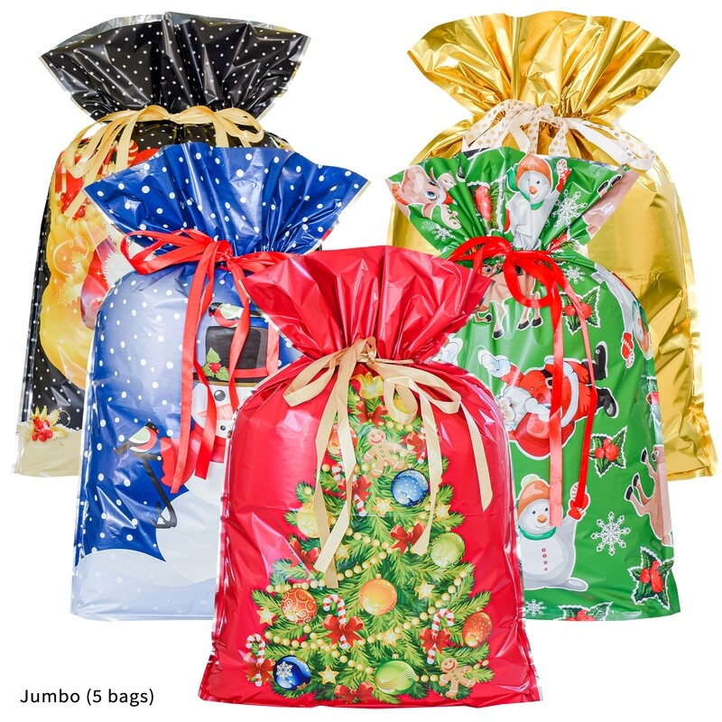 10pc Christmas Jumbo Drawstring Gift Bag Set (5 Gift Bags and 5 Gift Tags)
