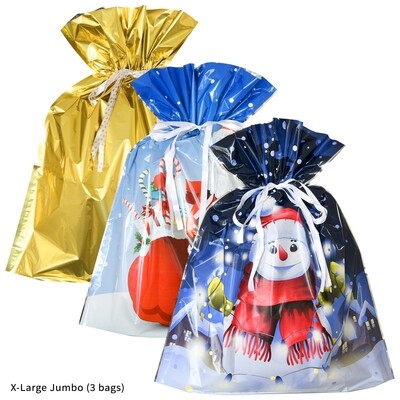 6-pc Christmas Extra-Jumbo Drawstrings Gift Bag Set (3 Gift Bags and 3 Gift Tags)