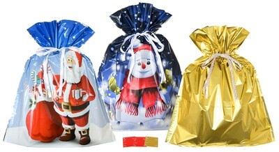 6-pc Christmas Extra-Jumbo Drawstrings Gift Bag Set (3 Gift Bags and 3 Gift Tags)