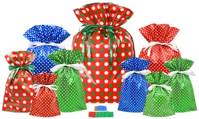 18-Piece Polka Dot Drawstrings Gift Bag Set (9-Bags and 9-Gift Tags)