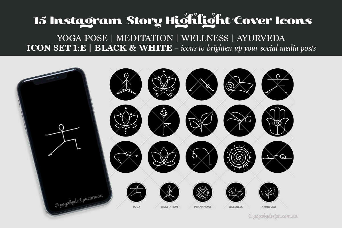 15 Yoga Instagram Story Highlight Icons BLACK & WHITE – Set 1:E | Line Icons | Web icons | Meditation Icons | Instant download | Ready to use